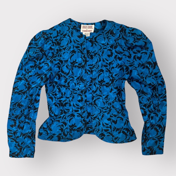 Vintage 1980s Maggy London by Jeannene Booher silk blue & black blouse - Picture 5 of 7